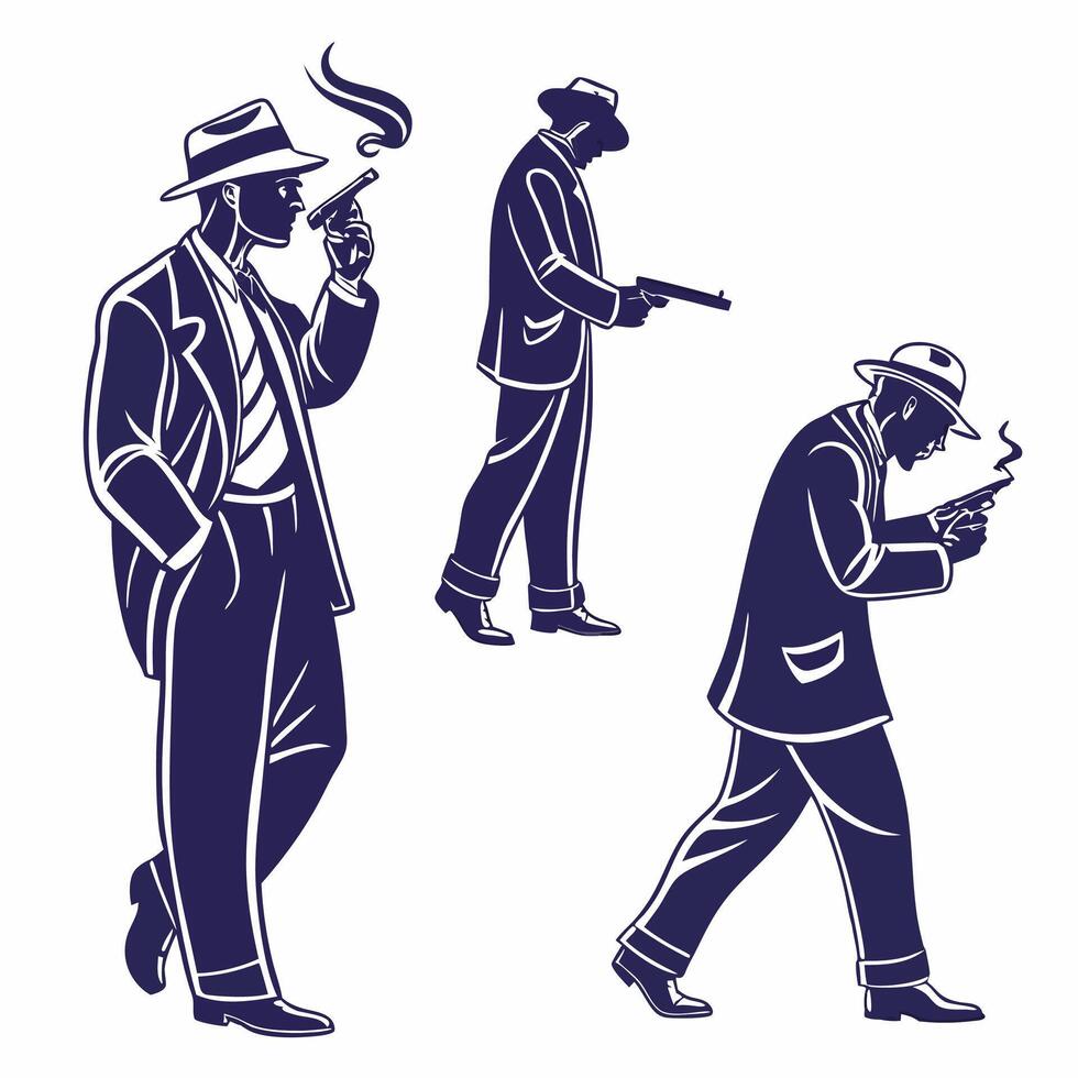 Retro Gangster Silhouettes 1920s Style. vector
