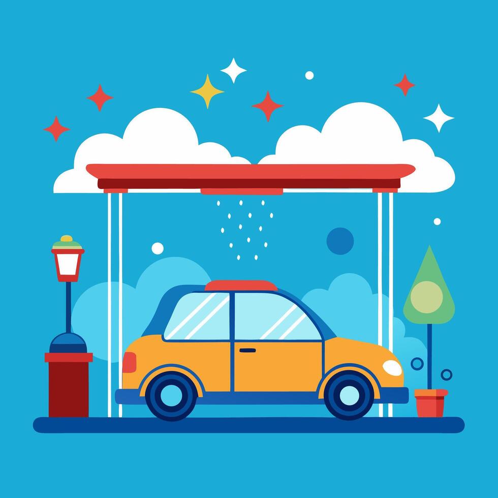 Automatic Car Wash Illustration Yellow Car, Flat Design. vector