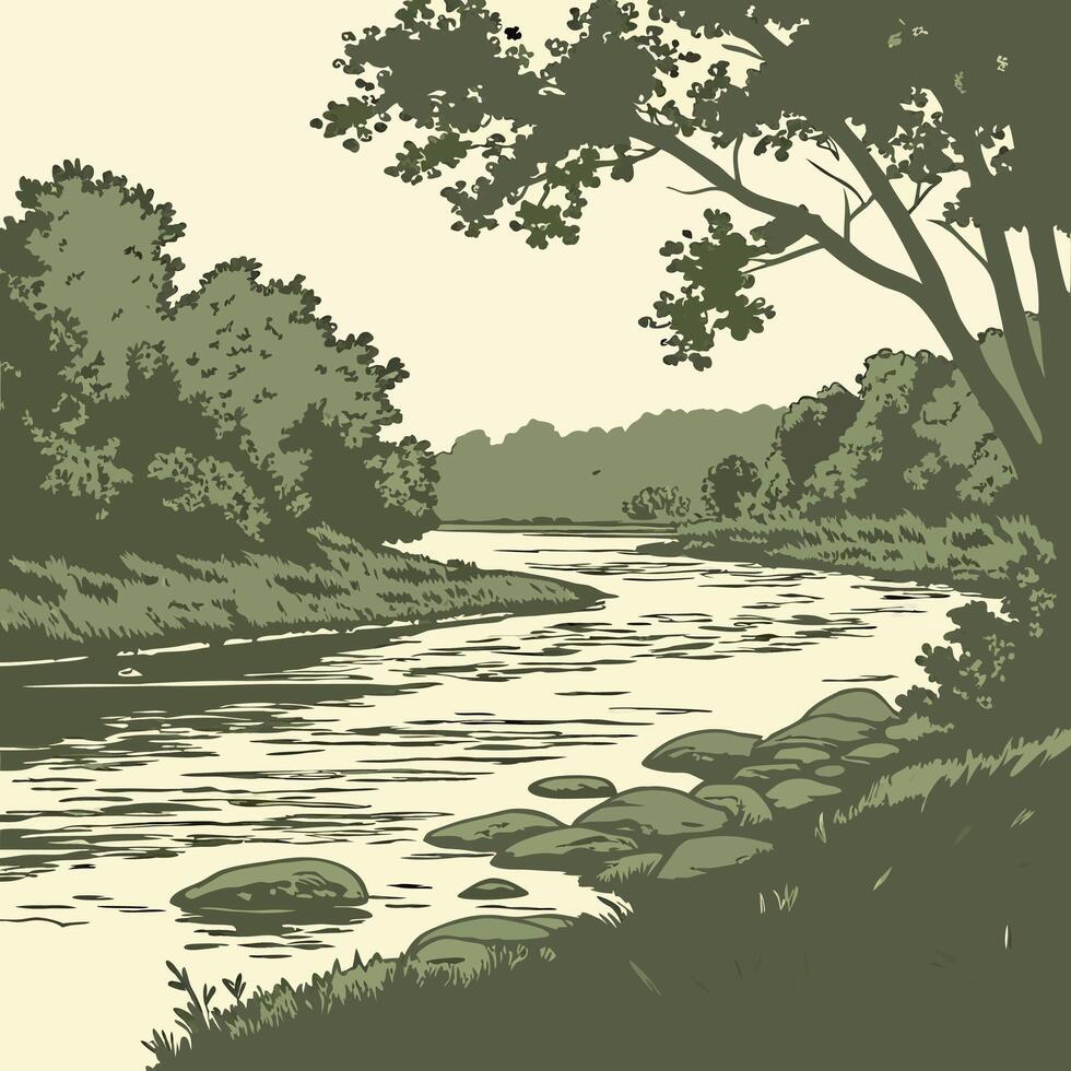 Serene River Landscape Olive Green Illustration Nature Scene with Trees and Rocks. vector