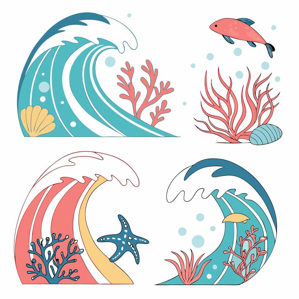 Ocean Waves, Coral Reefs. vector