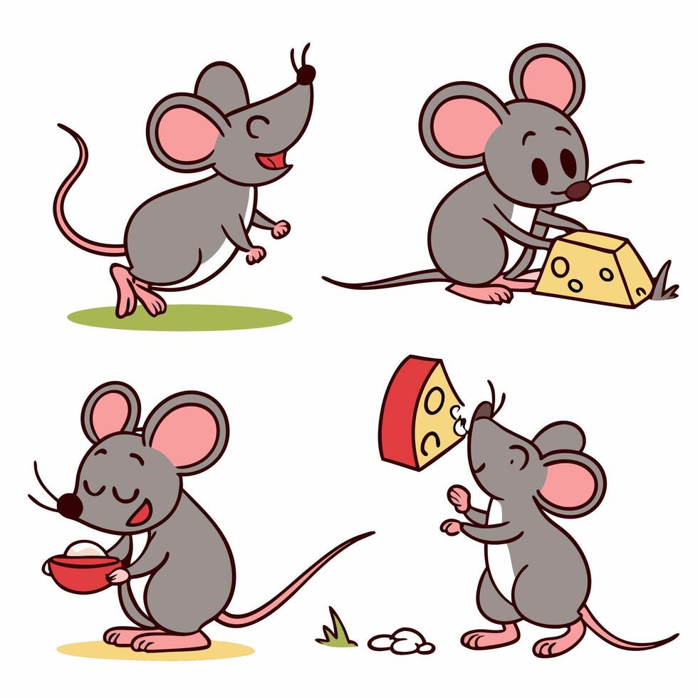 Cute Cartoon Mice with Cheese Fun Illustrations. vector