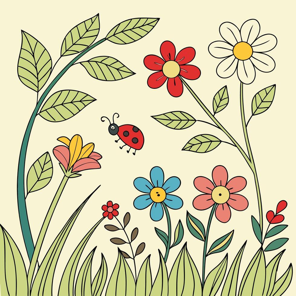 Colorful Spring Flowers, Ladybug. vector