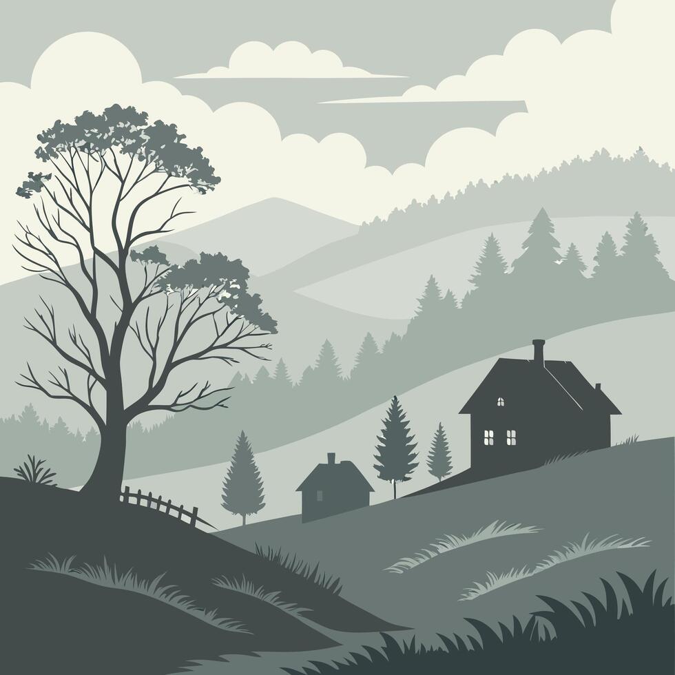 Peaceful Grayscale Mountain Valley Landscape with Houses and Trees. vector