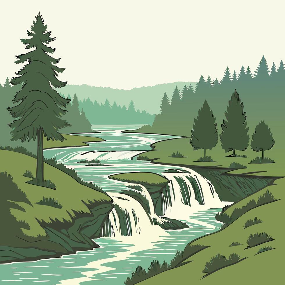 Lush Green Waterfall Landscape Illustration Cascading River, Evergreen Trees. vector