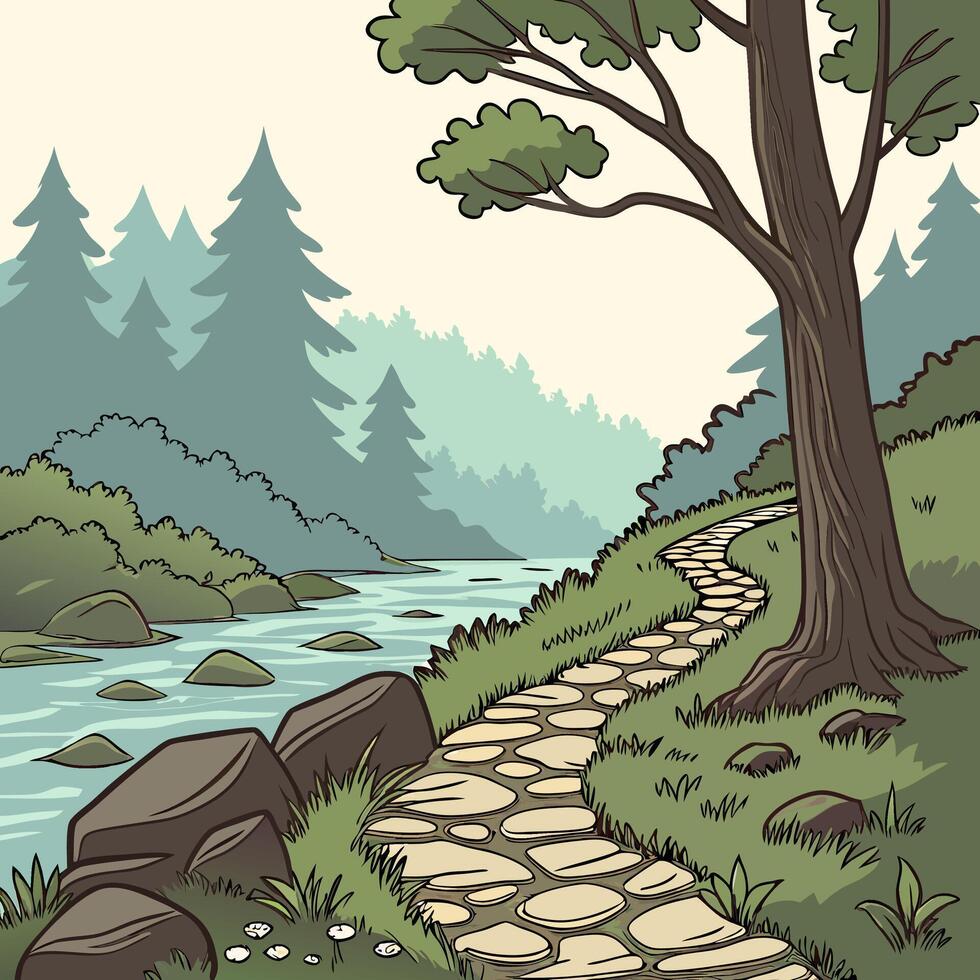 Peaceful Riverside Stone Path Illustration Lush Green Nature Scene, Winding Trail. vector