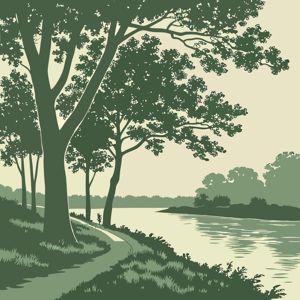 Professional Green Riverside Path Illustration High Resolution Landscape. vector
