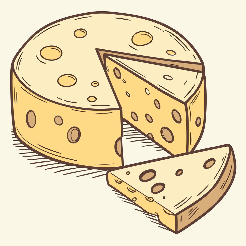 Hand Drawn Swiss Cheese Illustration Creamy Yellow, Rustic Style. vector