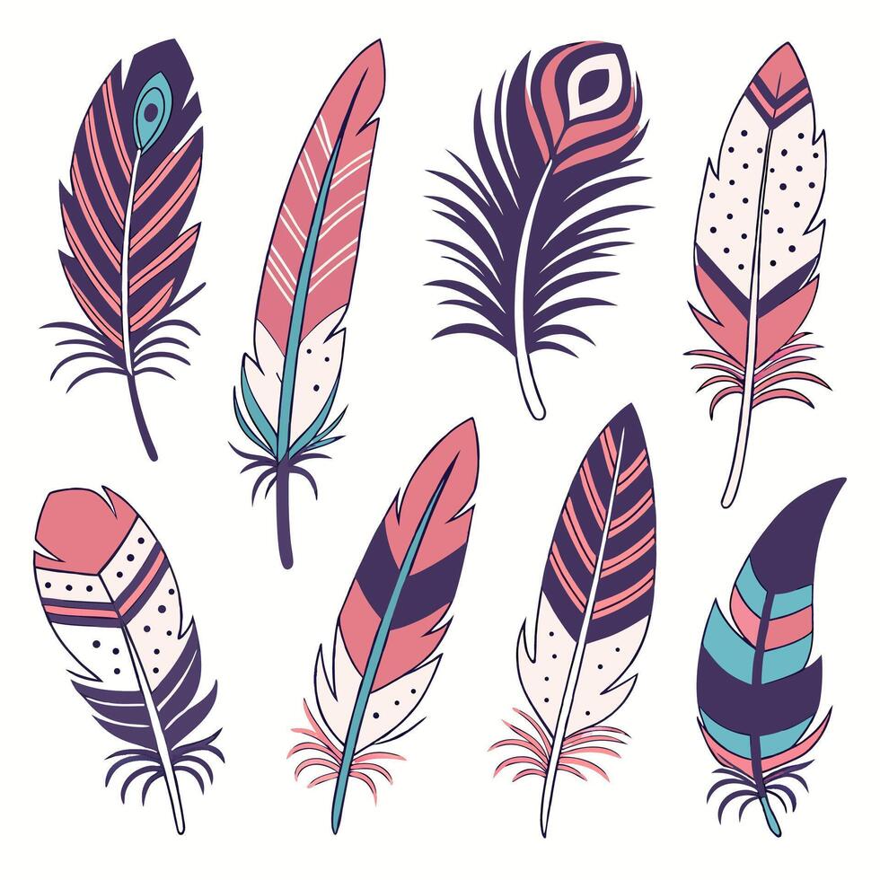 Boho Feathers Pink, Teal. vector