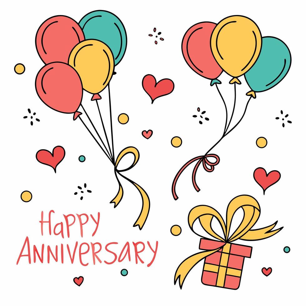 Happy Anniversary Balloons and Gift Cute Hand Drawn Illustration. vector