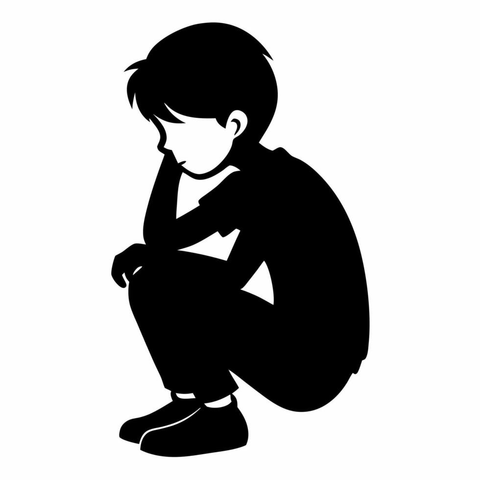 Sad Child Silhouette Illustration of a Boy Sitting Alone, Black and White. vector