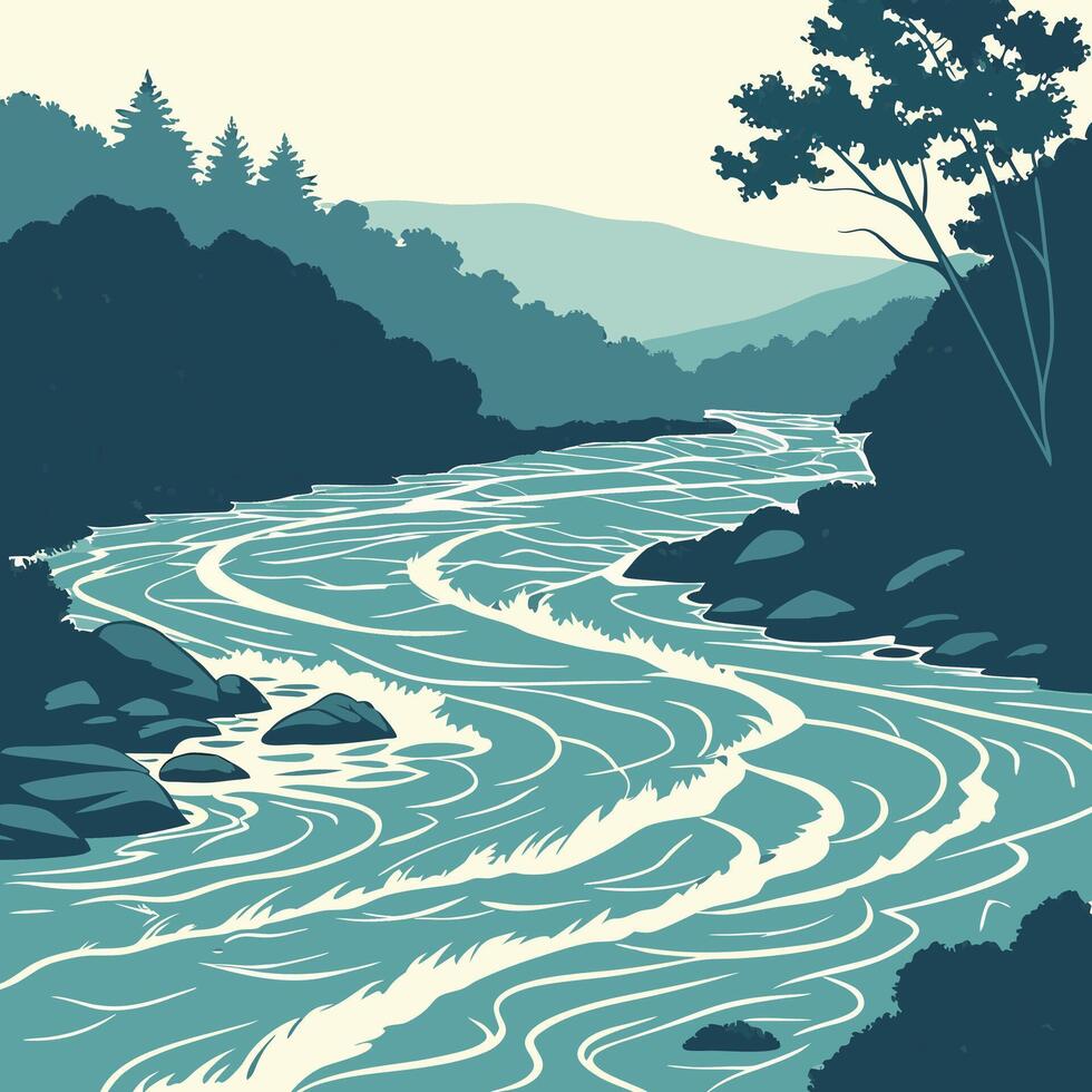 Tranquil River Landscape Teal and Green River Scene Illustration High Resolution. vector