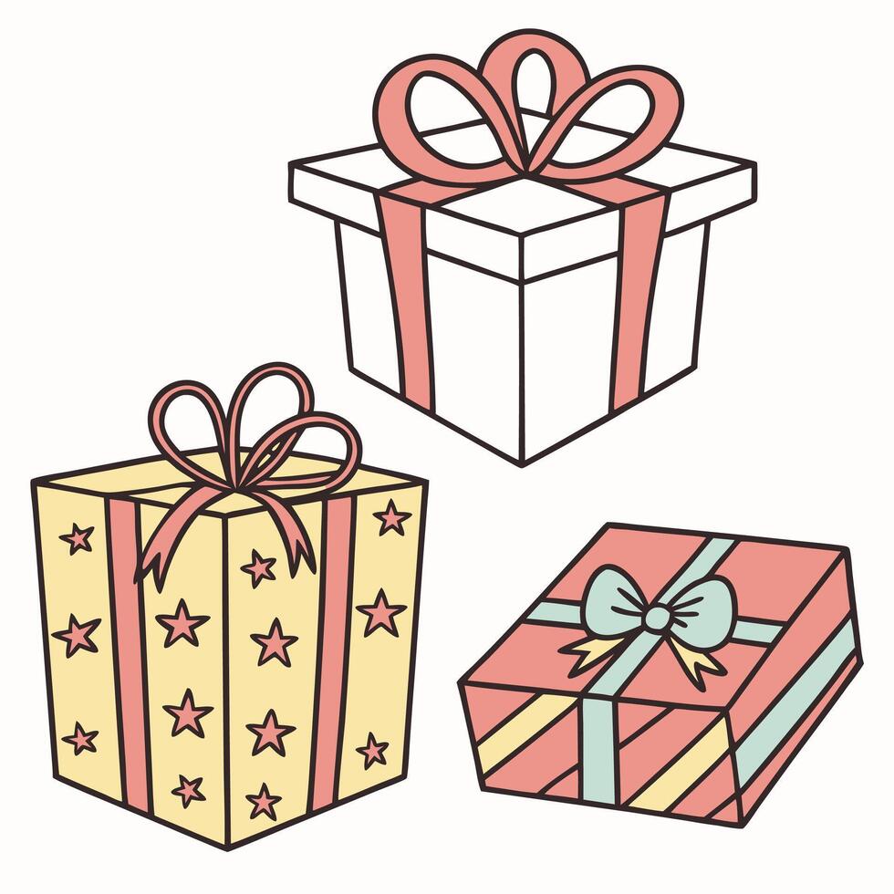 Cute Pastel Gift Boxes Three Styles, Star and Stripe Design. vector