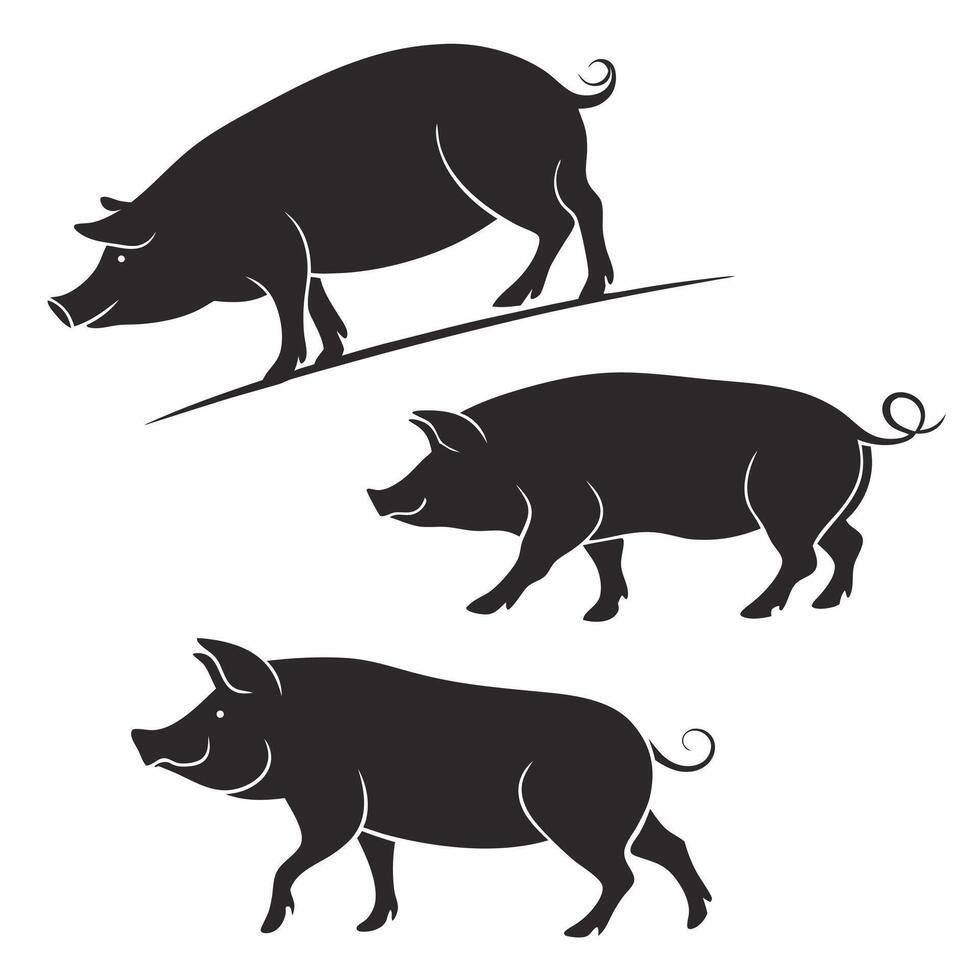 Professional Pig Silhouettes Three Black Farm Animal Vectors. vector