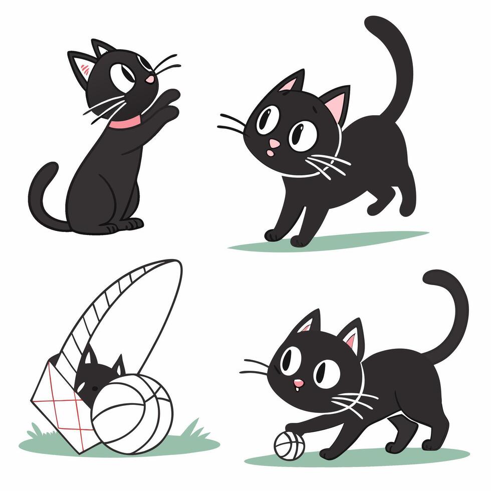 Playful Black Kittens Cute Cartoon Cat Illustrations Graphics. vector