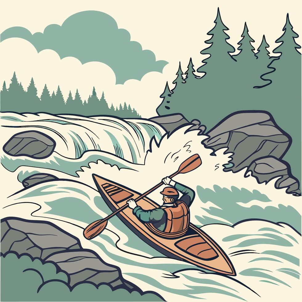 Kayaker Conquering River Rapids Vintage Illustration Retro Style, Detailed Scene, Water. vector