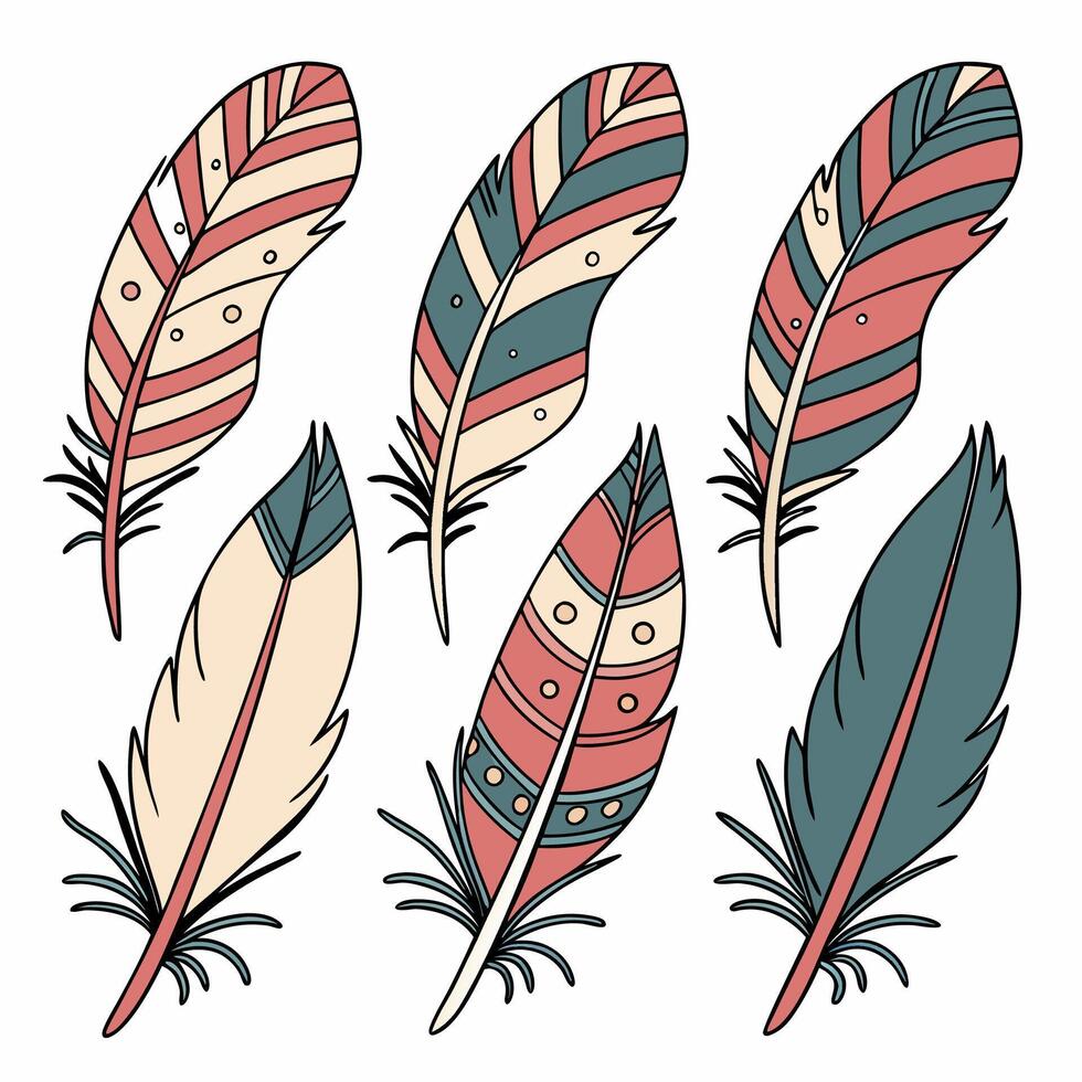 Boho Feathers 6 Red, Teal, Beige Tribal EPS Vectors Craft.