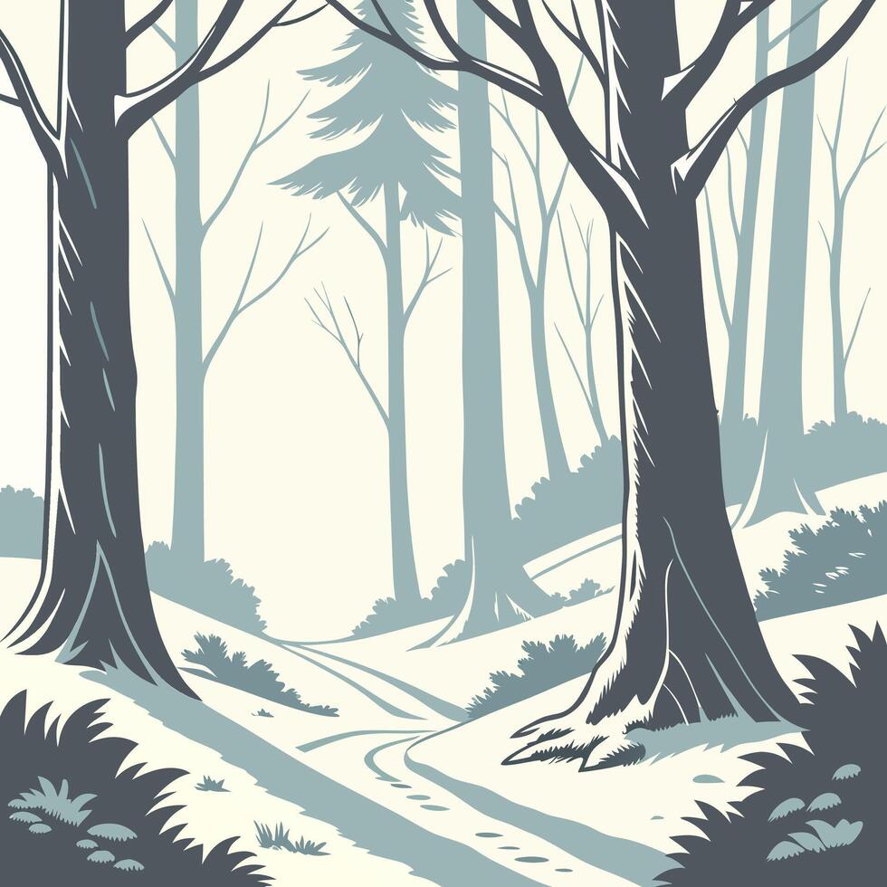 Winter Forest Path Professional Blue and Grey Stylized Illustration High Resolution. vector