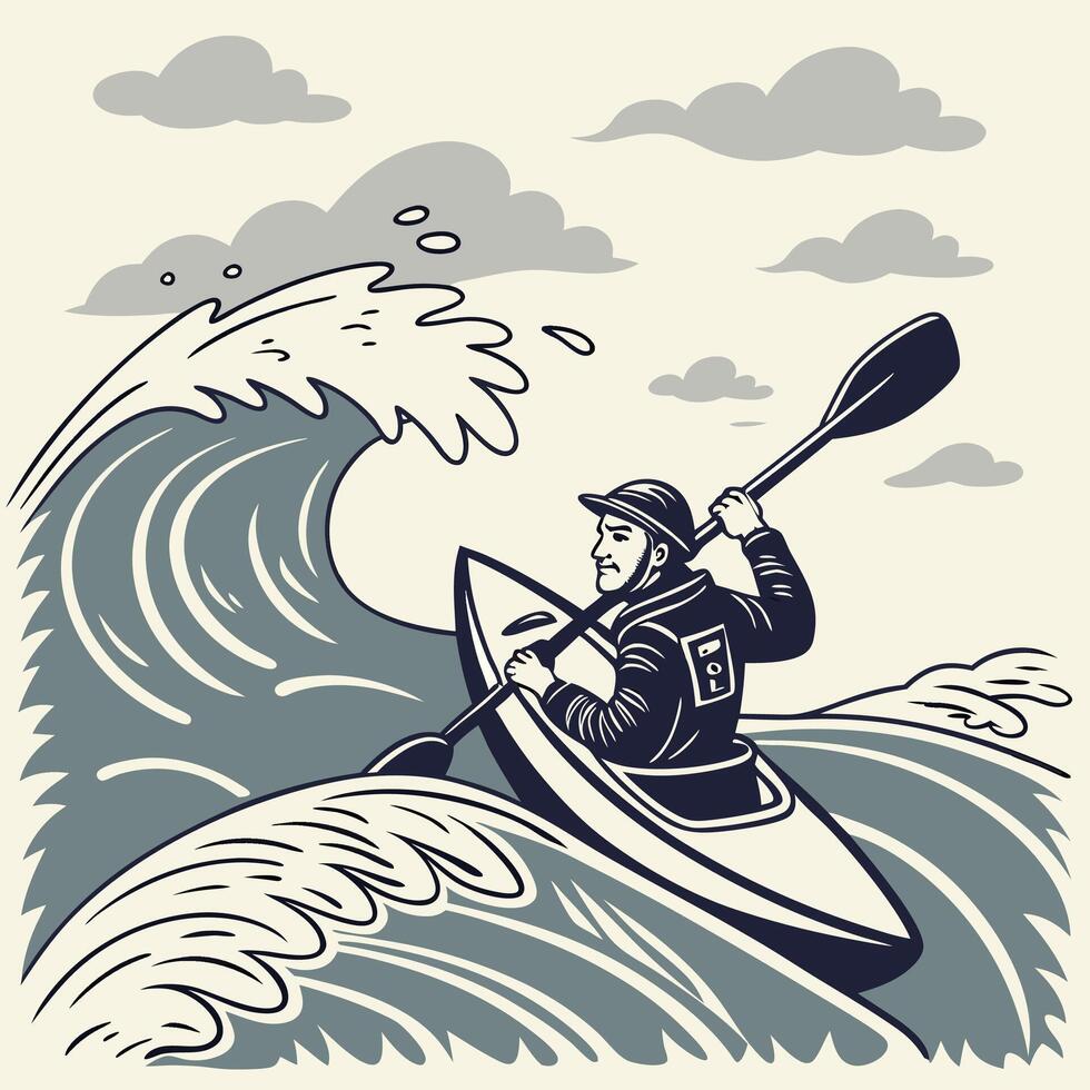 Kayaking Big Waves Vintage Monochrome Illustration Nautical Sport Action. vector