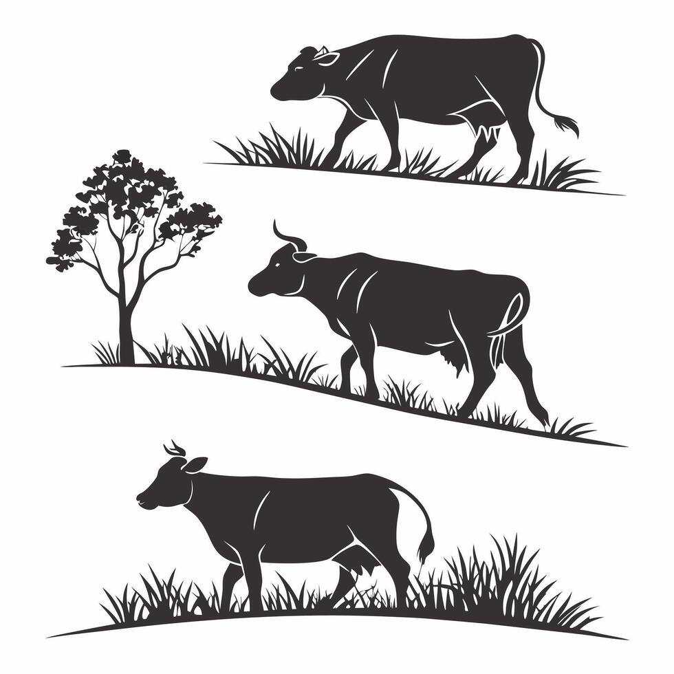 Three Cows Silhouette Art Farm Animals, Pasture. vector