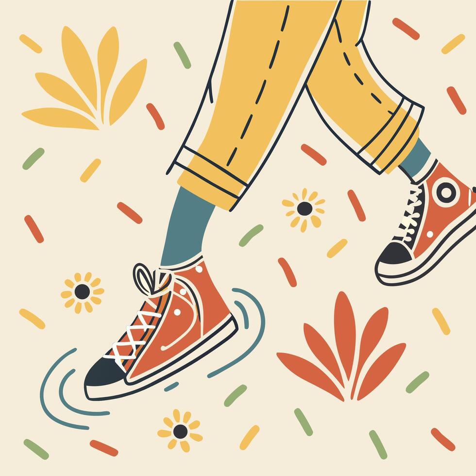 Walking in Spring Red Sneakers, Floral Design. vector