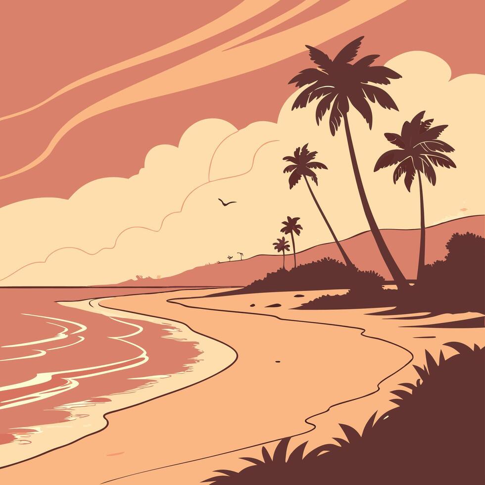 Tropical Sunset Beach Palm Trees, Ocean Waves. vector