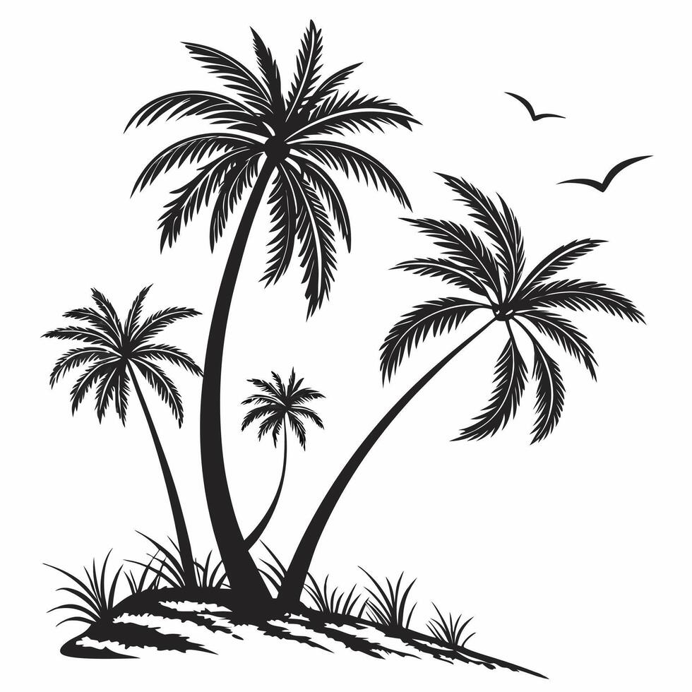 Tropical Palm Trees Silhouette Black and White Island Scene Graphic. vector