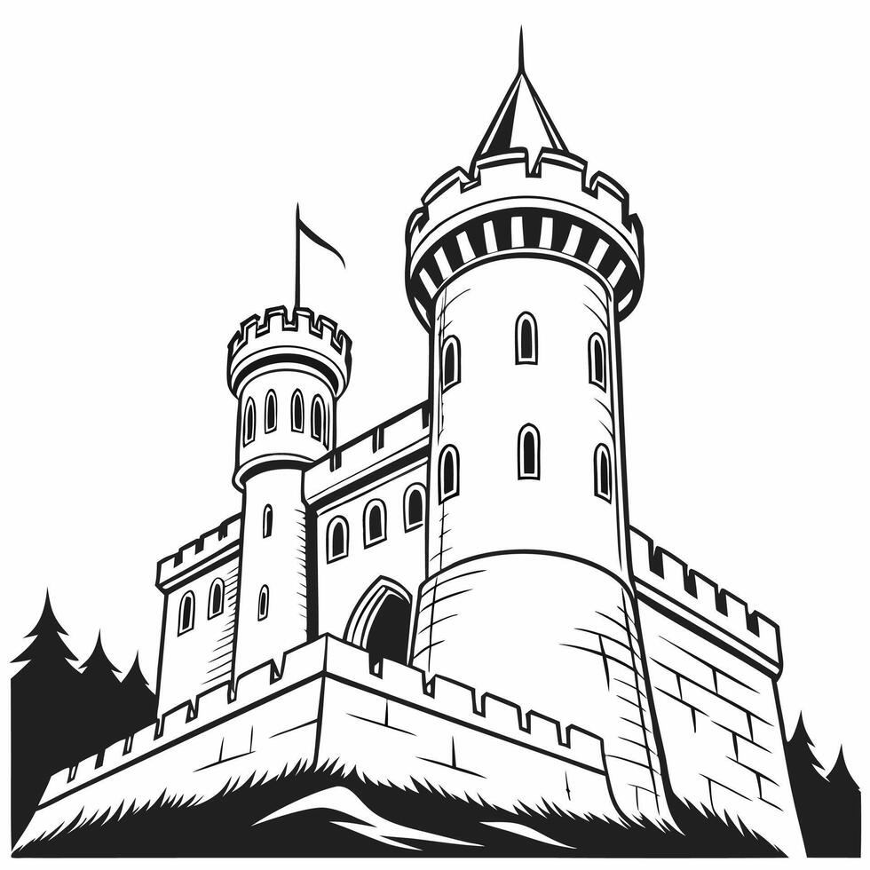 Black and White Castle Illustration Medieval Fortress, Hilltop Design. vector