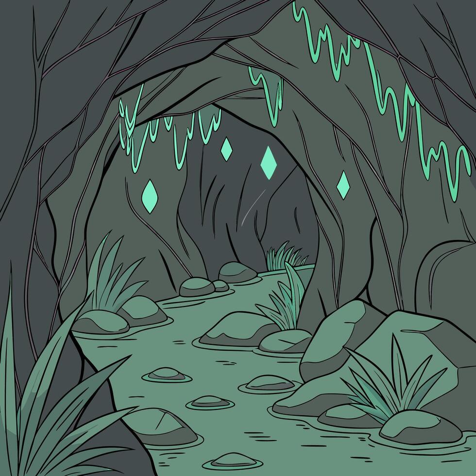 Mystical Cave Stream Glowing Crystals, Lush Greenery. vector