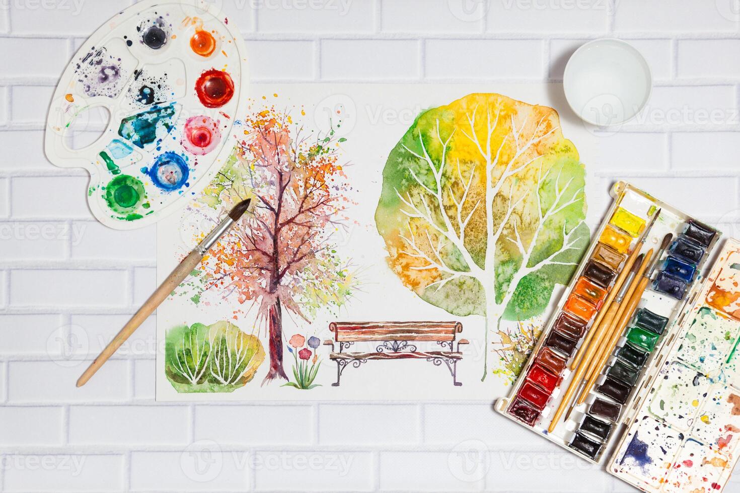 Hand Drawn Sketch of Autumn Park With Paints photo
