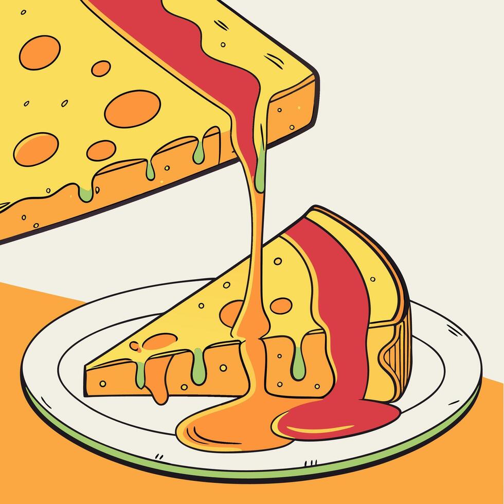 Dripping Honey Pizza Slices Yellow Cheese, Red Sauce. vector
