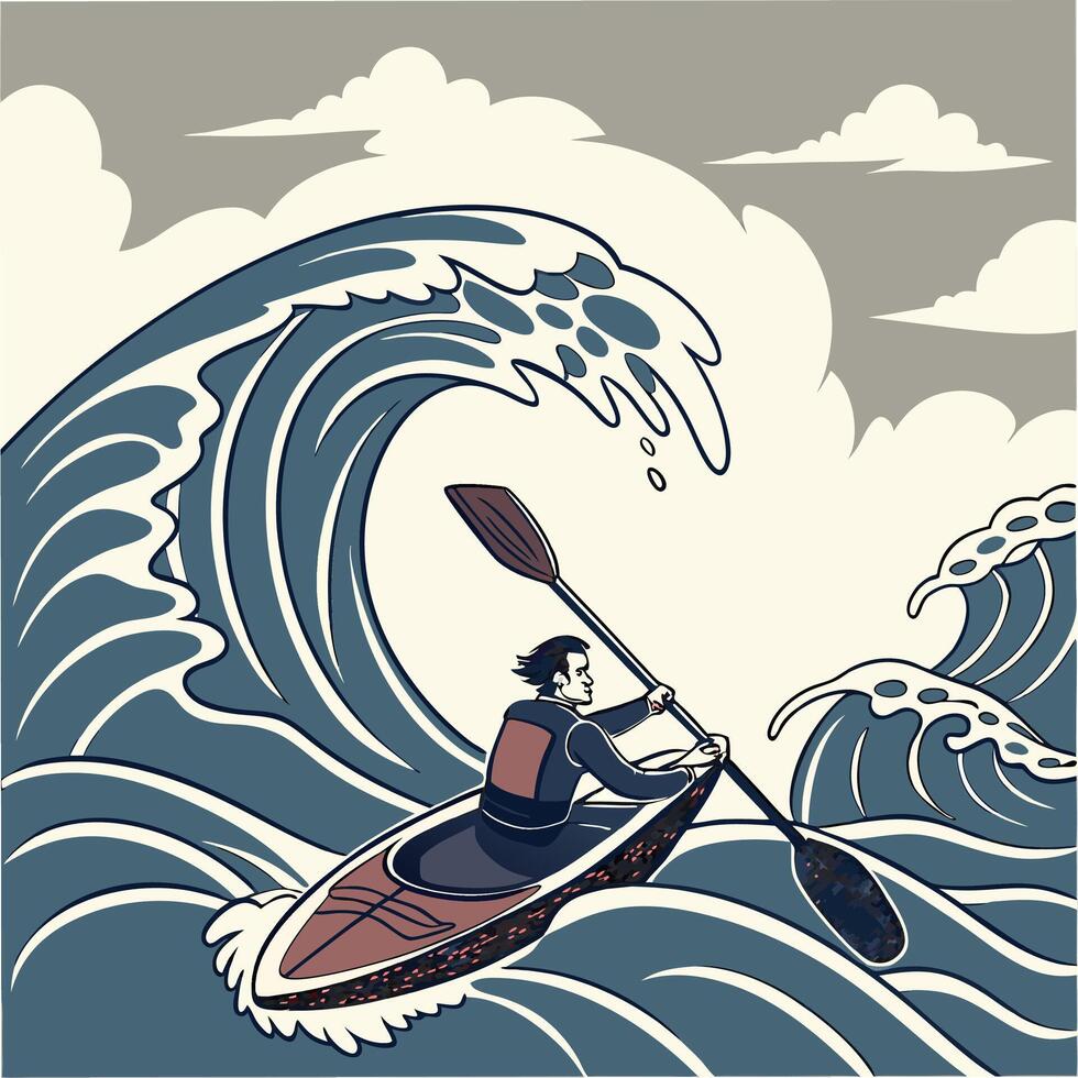 Kayaker Conquering Huge Waves Blue and Gray Stylized Illustration. vector