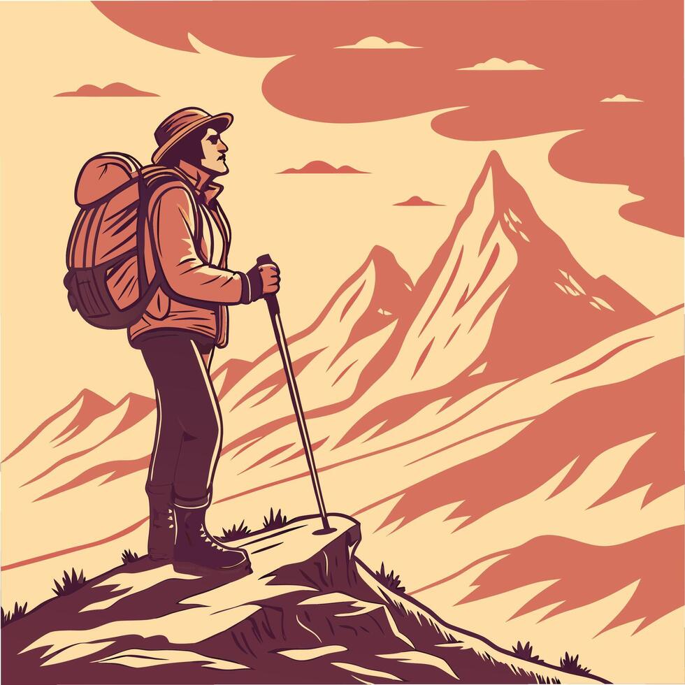 Majestic Mountain Sunset Hiker with Backpack, Trekking Poles. vector