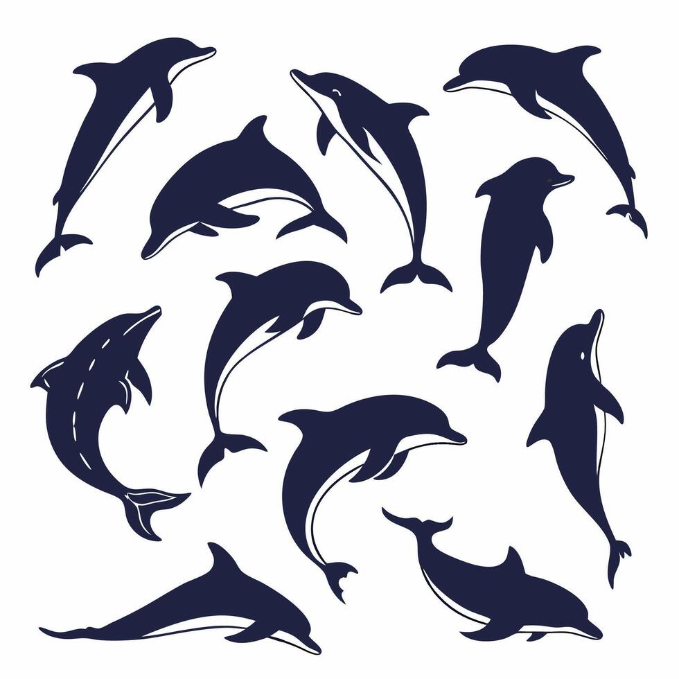 Professional Navy Blue Dolphin Silhouettes Illustration Set. vector