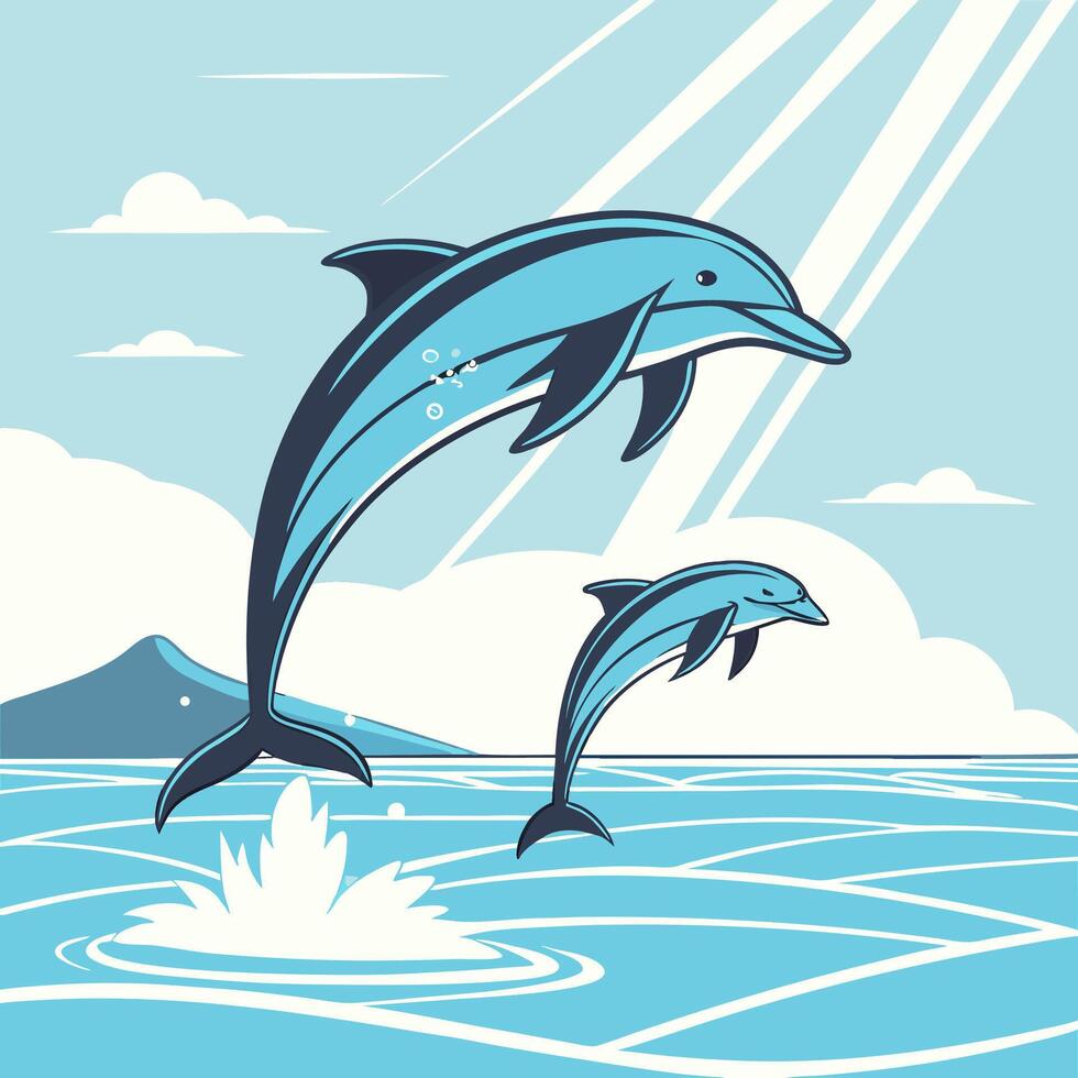 Joyful Dolphins Leaping Illustration Ocean, Summer. vector