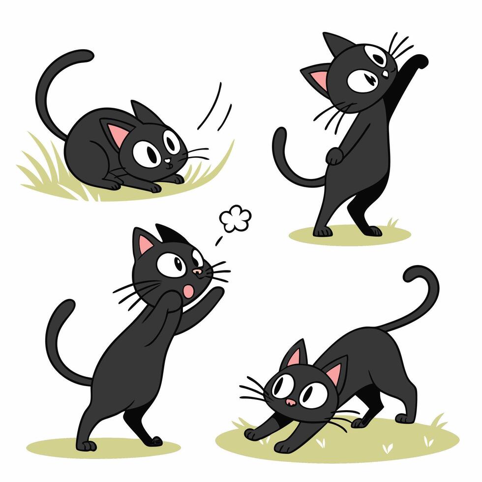Playful Black Cat Illustrations Cute Cartoon Cats in 4 Poses Graphics. vector