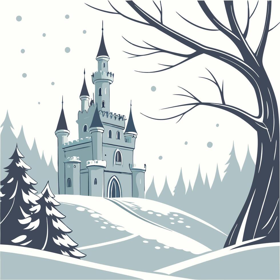 Winter Castle Illustration Snowy Landscape, Fairytale Castle. vector