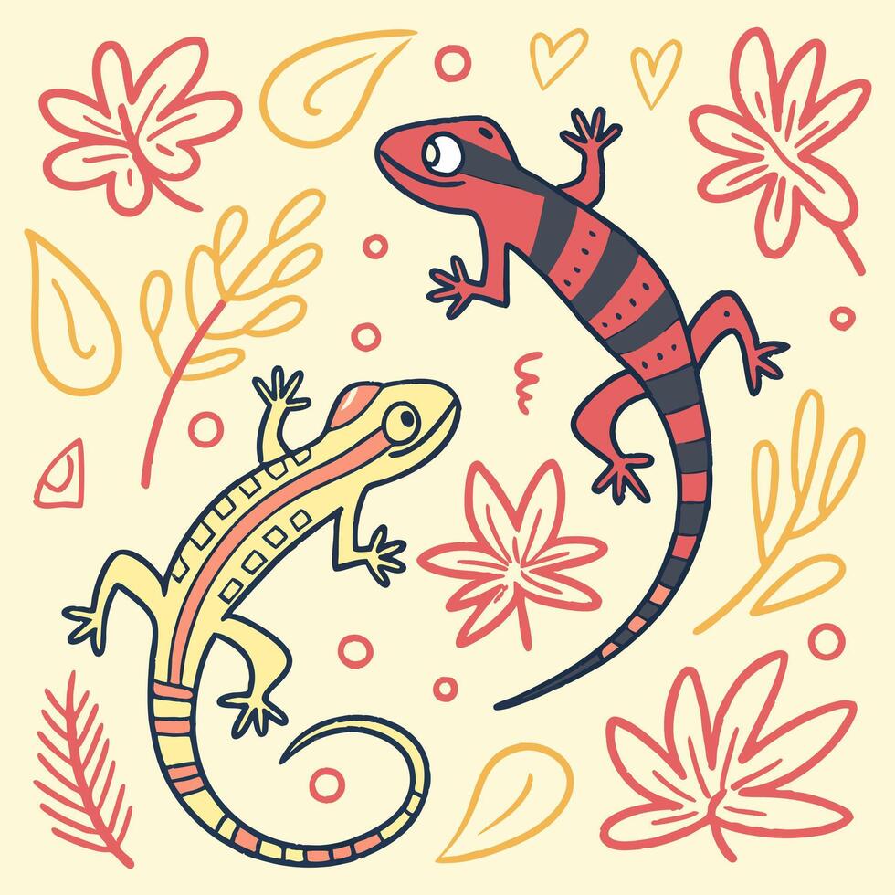 Cute Geckos Hand Drawn Tropical Lizards, Red and Yellow. vector