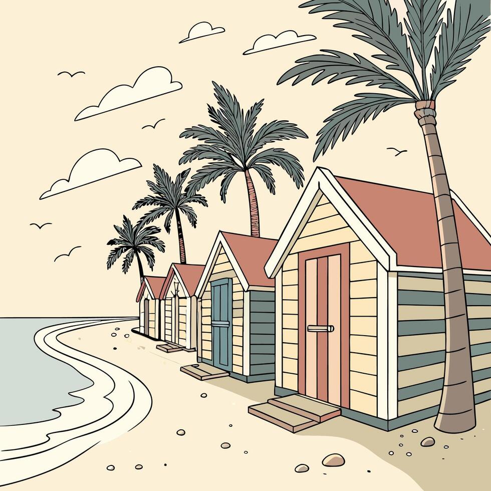 Pastel Beach Huts Summer Scene Calm Seaside Illustration. vector