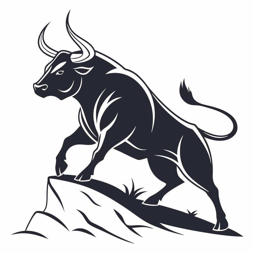 Powerful Black Bull Silhouette on Rock Majestic Animal Graphic. vector
