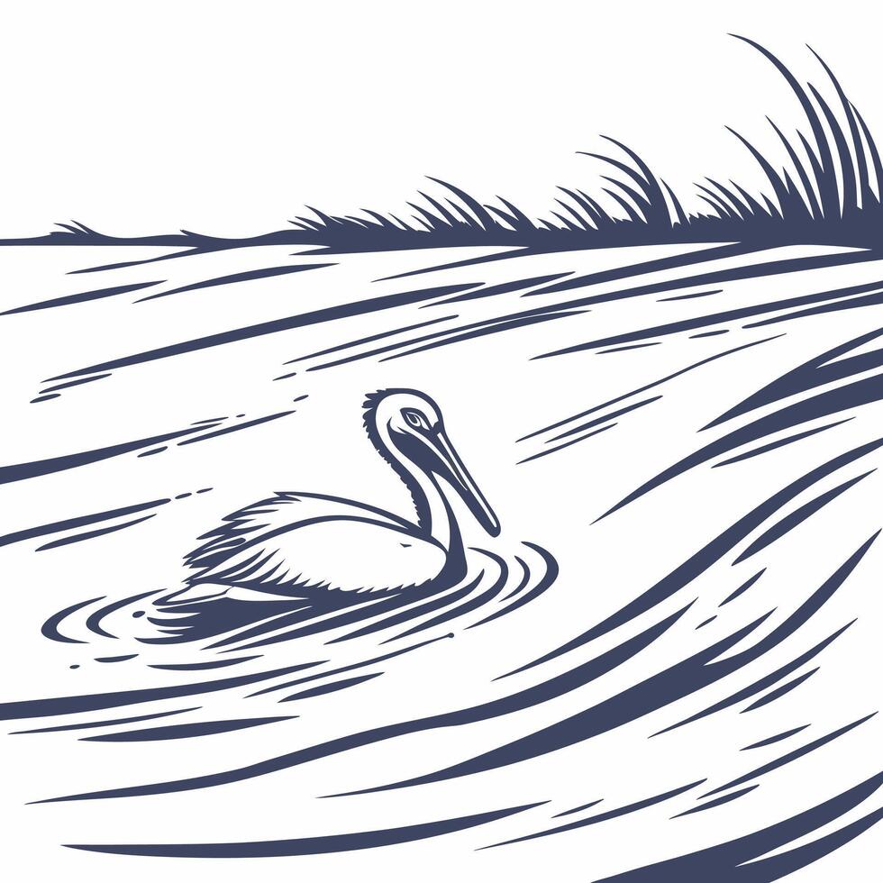 Professional Pelican in Calm Water Elegant Blue Illustration. vector