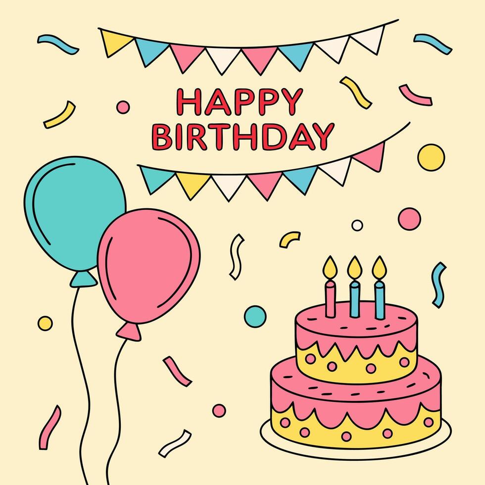 Happy Birthday Pastel Line Art Cake and Balloons Illustration. vector