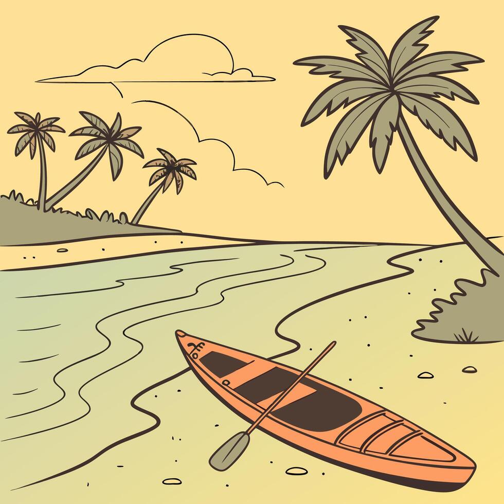 Tropical Beach Kayak Orange Canoe on Calm Water, Palm Trees. vector