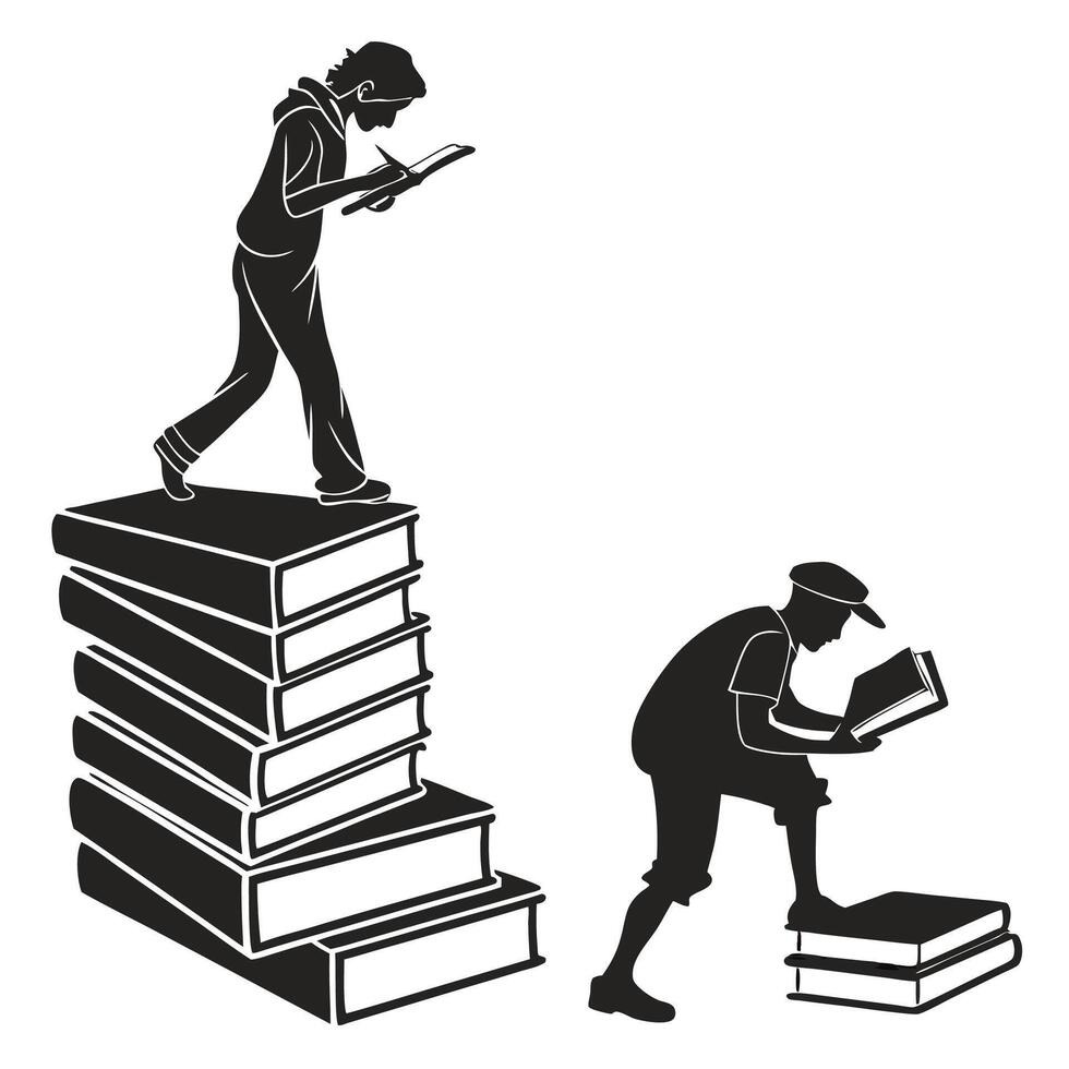 Education Achievement Black and White Student Silhouettes on Books. vector