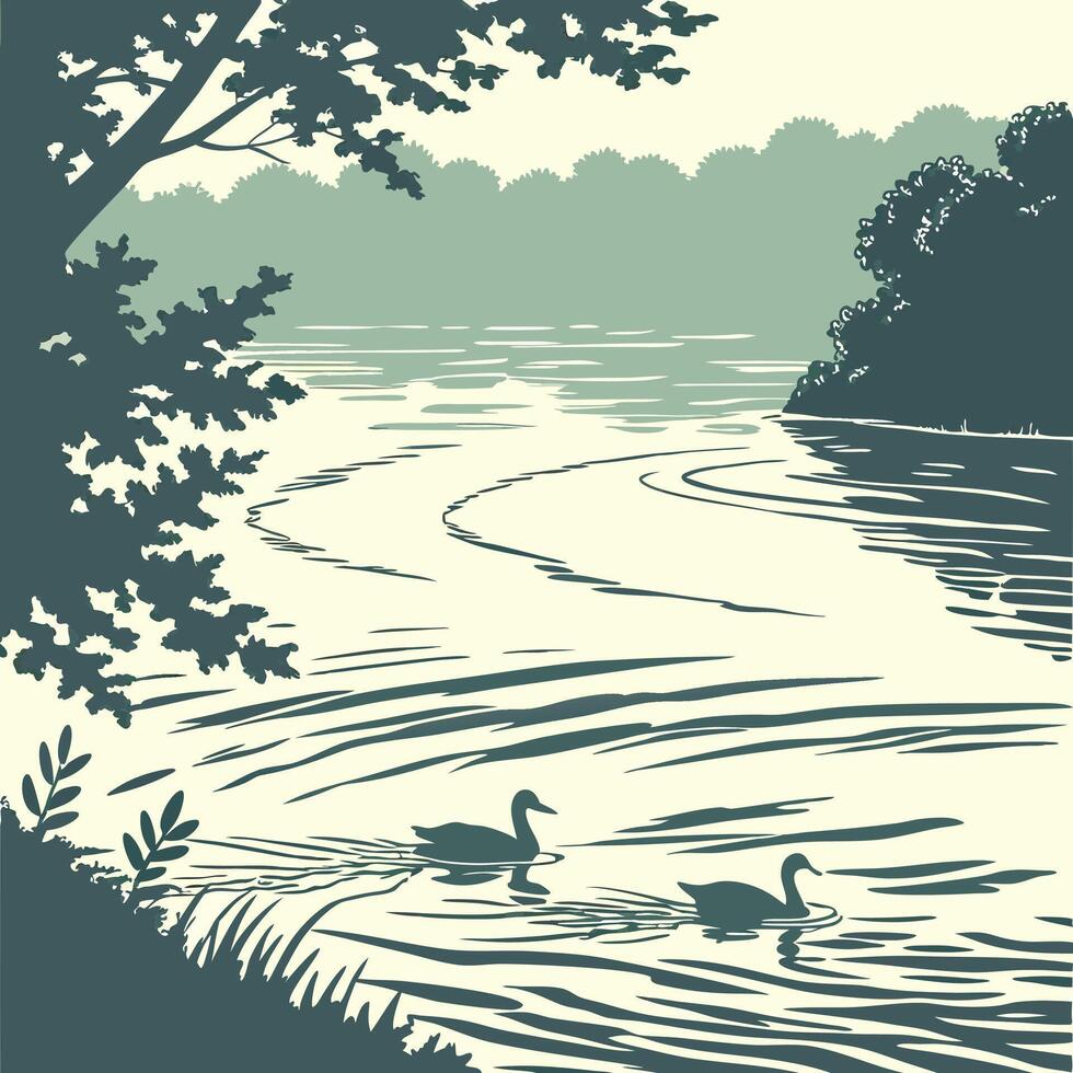 Two Swans on Serene River Teal and Beige Landscape Illustration High Resolution Print. vector