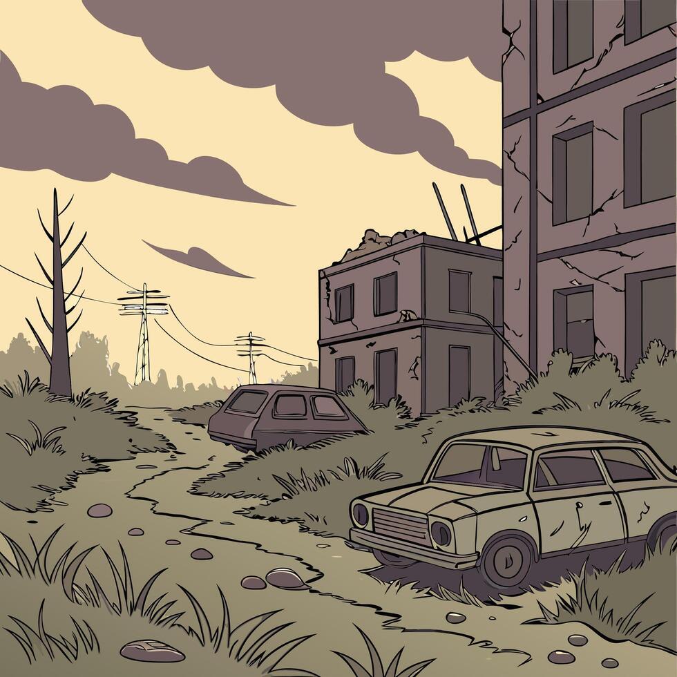 Post Apocalyptic Scene Abandoned Cars and Ruined Buildings Illustration. vector