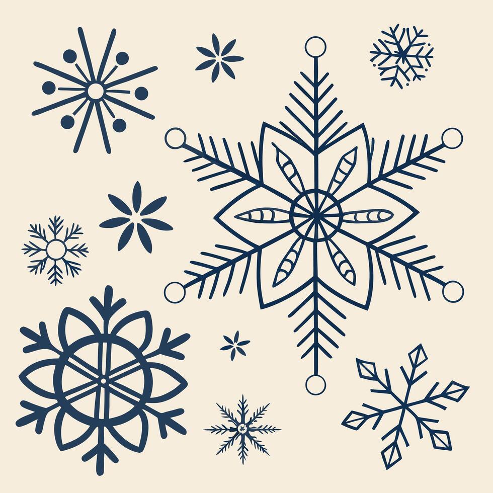 Hand Drawn Navy Blue Snowflake Set Winter Holiday Graphics. vector