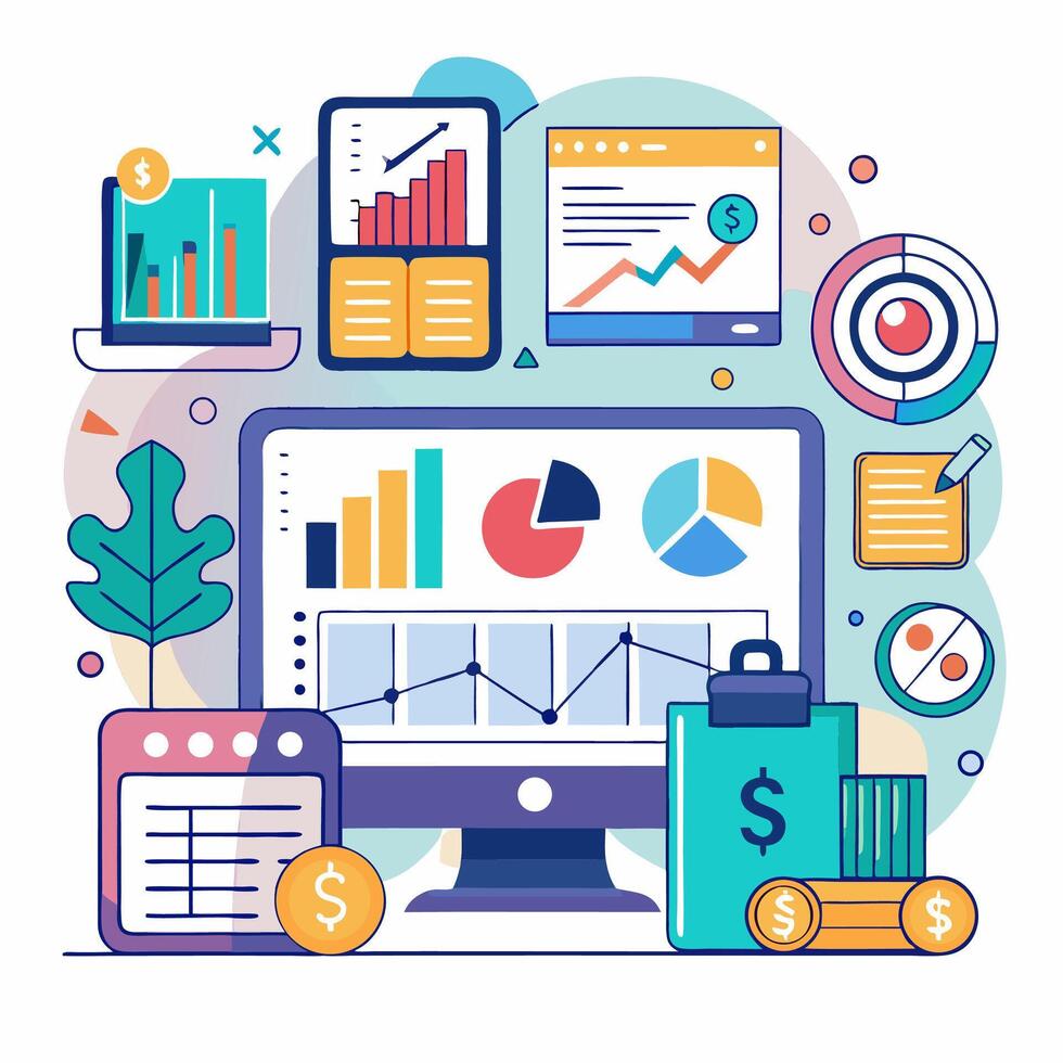 Business Analytics Colorful Charts and Graphs Illustration Financial Data Visualization. vector