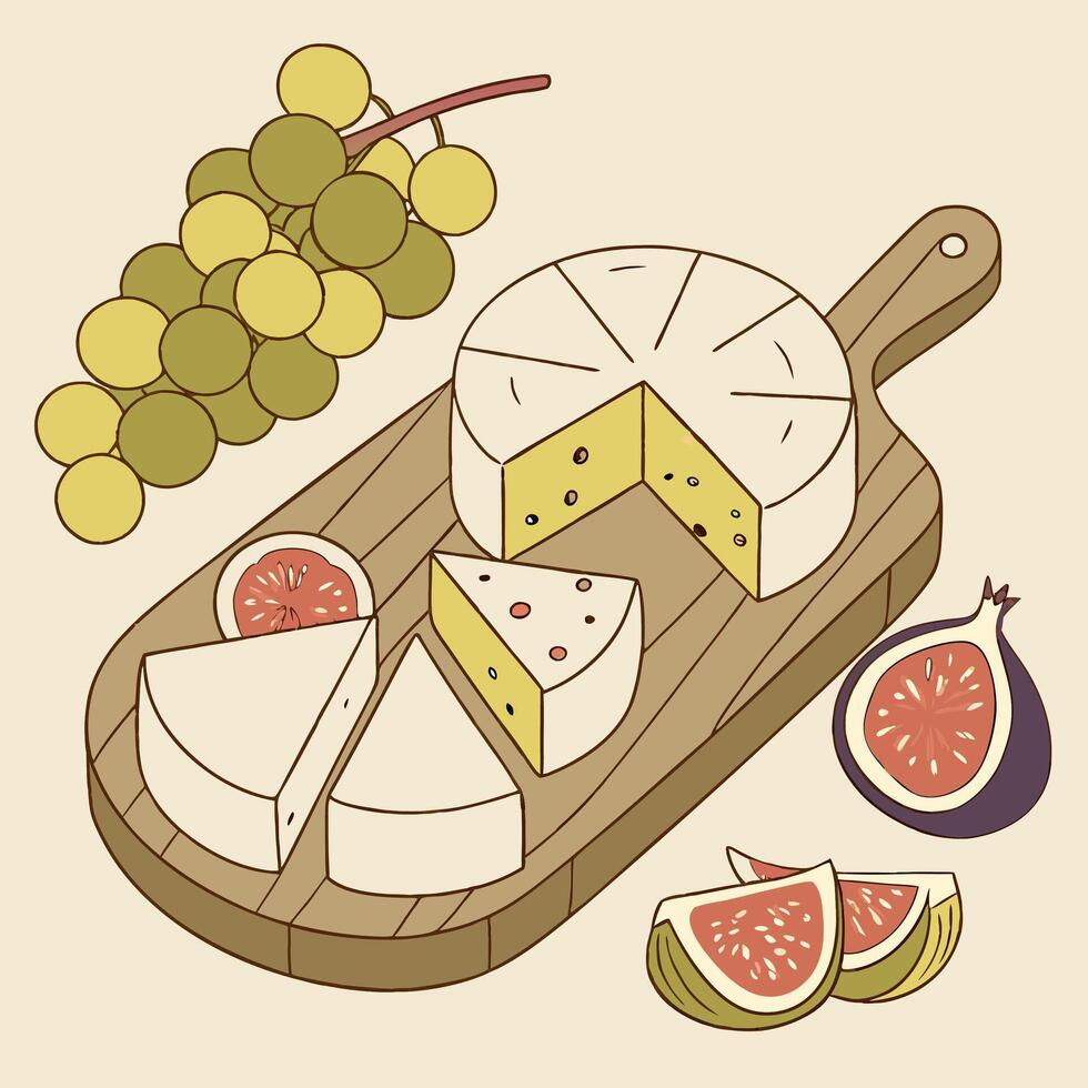 Delicious Cheese and Fruit Platter Illustration Camembert, Brie, Figs. vector