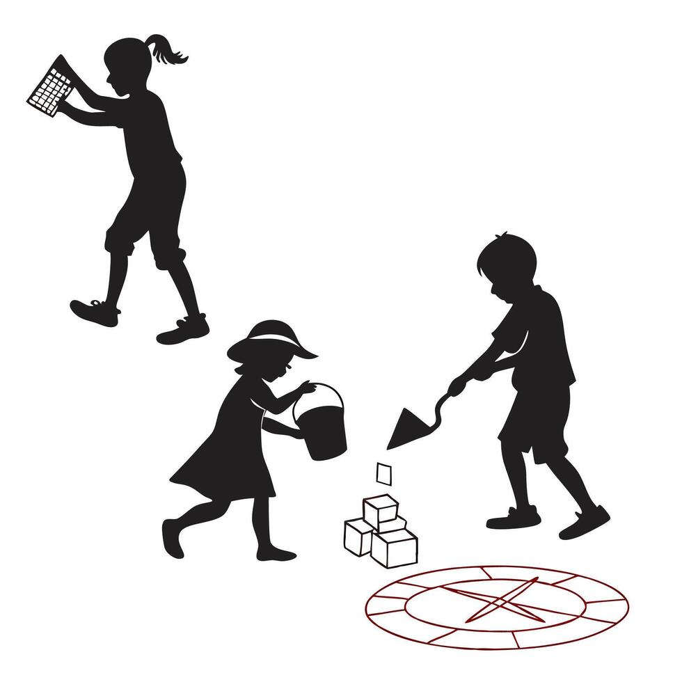 Kids Playing Silhouettes Girl, Boy, Bucket, Blocks. vector