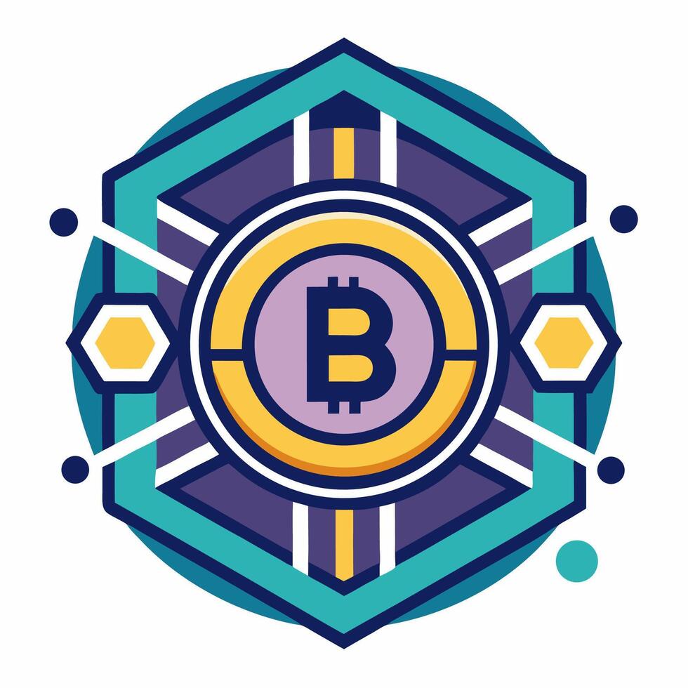 Bitcoin Crypto Emblem Professional Hexagon Design Teal, Purple. vector